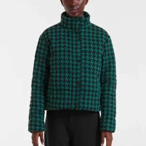 Abrigo acolchado con estampado pata de gallo negro y verde