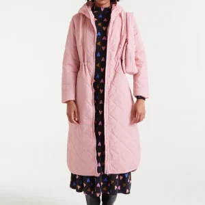Abrigo acolchado largo con capucha rosa